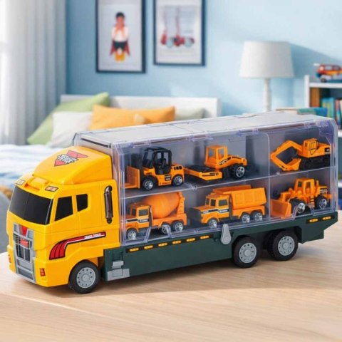 Transporter ciężarówka TIR wyrzutnia + metalowe auta maszyny budowlane