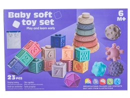 Klocki Sensoryczne dla malucha, Miękkie Klocki, Cyferki, Figury geometryczne, Kształty, Wieża 23 sztuki
