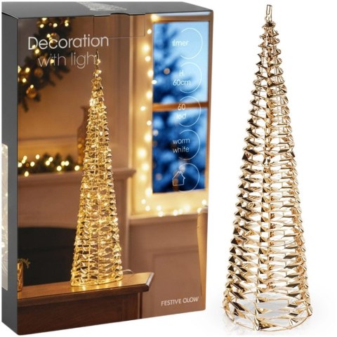 Choinka Stożek Ażurowa Złota 60 cm 60 LED z Timerem na Baterie
