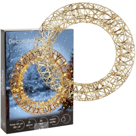 Wianek Świąteczny 40 cm Złoty Świecący 30 LED Ciepłe Światło z Timerem